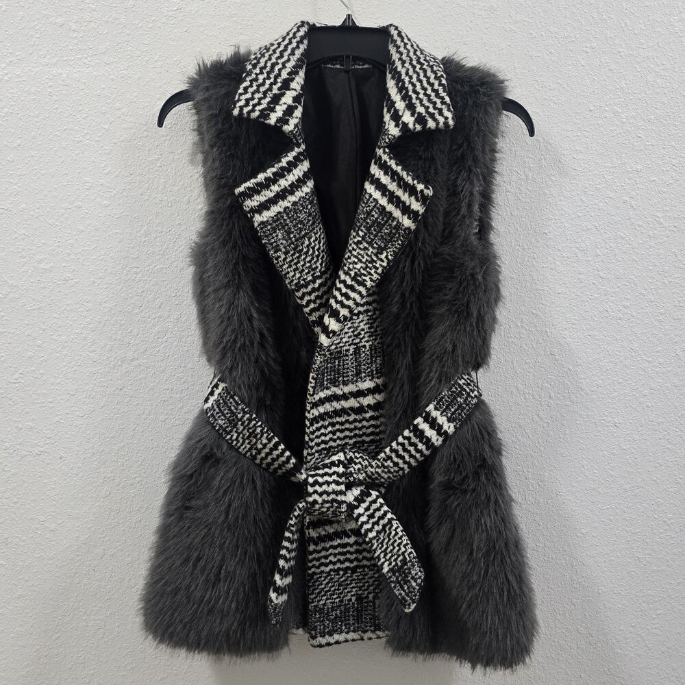 Chic Women’s Faux Fur Vest – Black & White Houndstooth Belted Long Sleeveless...